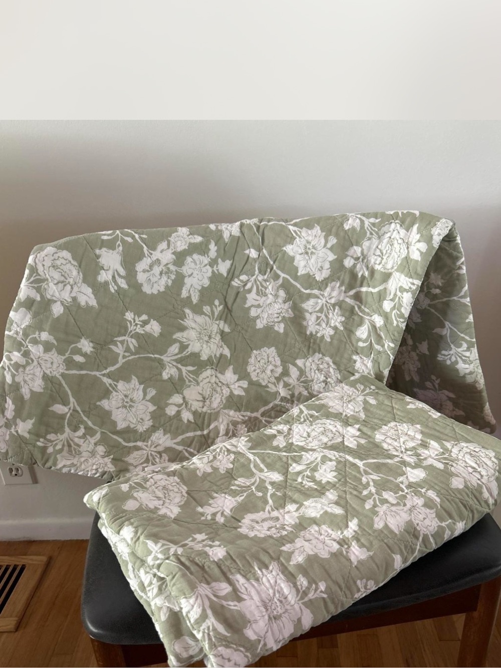 King Floral Quilted Pillowcases in Sage Green and White